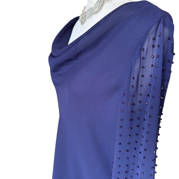 SL Fashions Navy Blue Bead Embellished Formal Chiffon Blouse - Picture 1 of 6